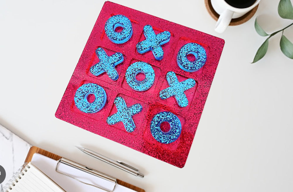 Red Tic Tac Toe with Blue Glittery Letters